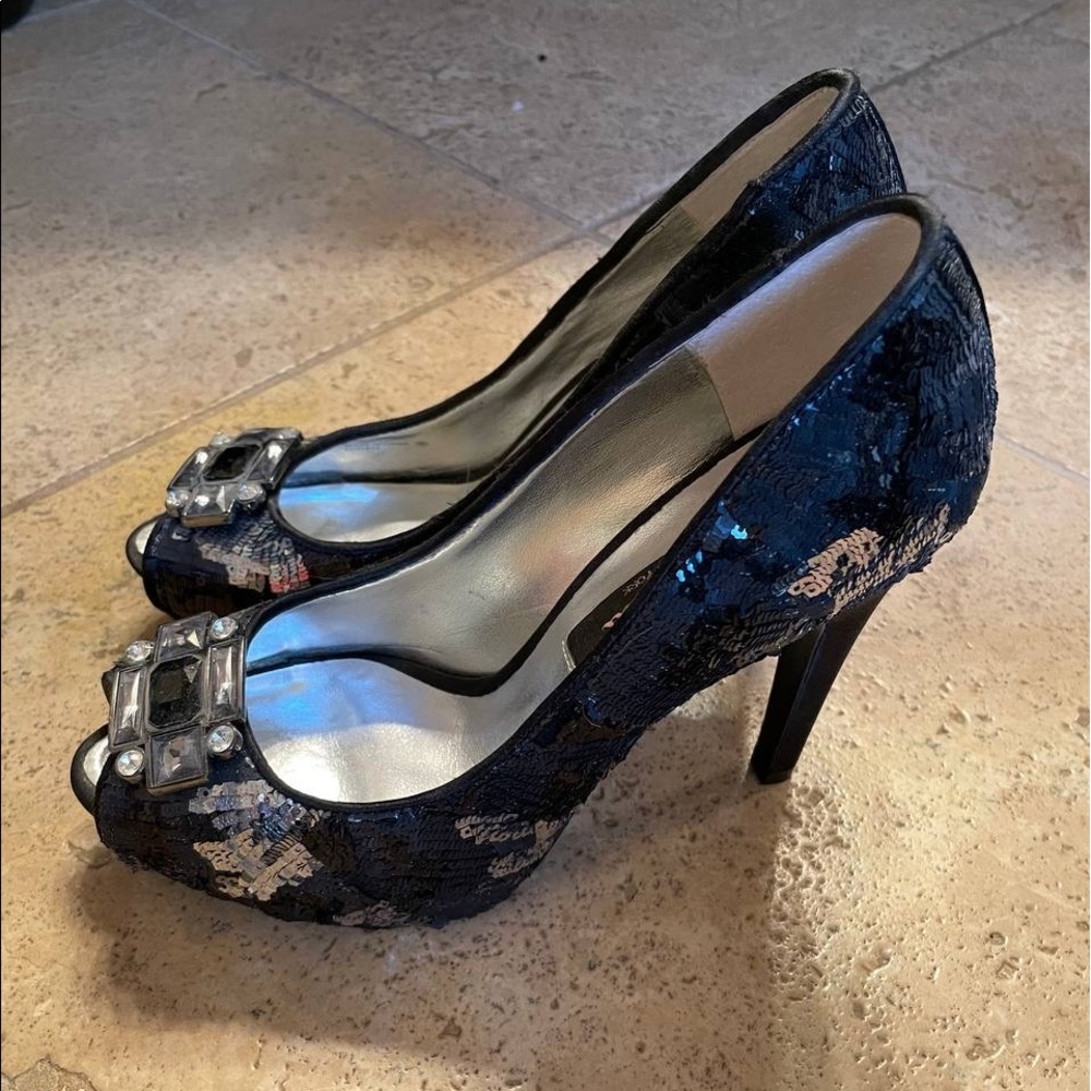 Silver/black sequin heels w/ crystal embellishment